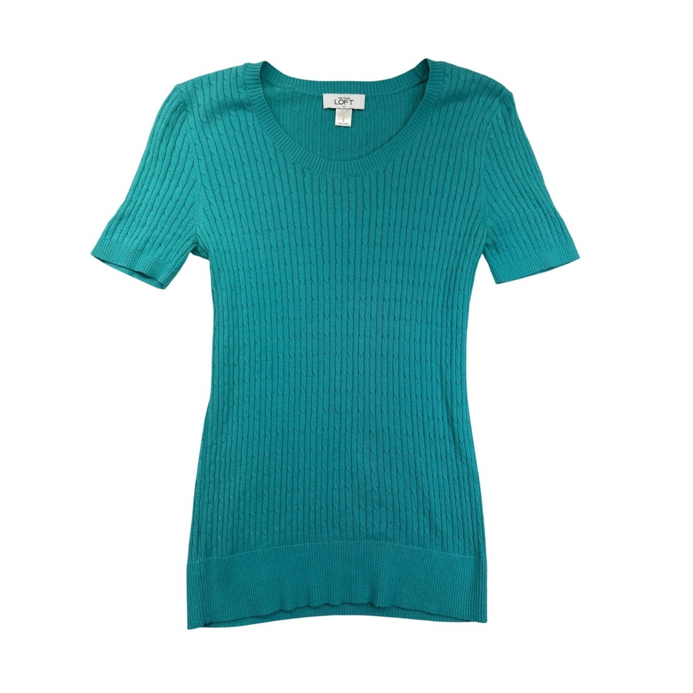 Ann Taylor LOFT Sweater Womens S Teal Short Sleeve Cable Knit‎ Cotton Scoop Neck